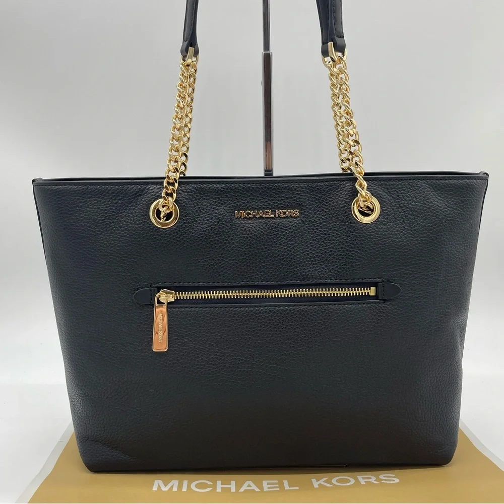 Michael Kors Jet Set Medium Front Zip Pocket Chain Top Zip Tote Bag Black